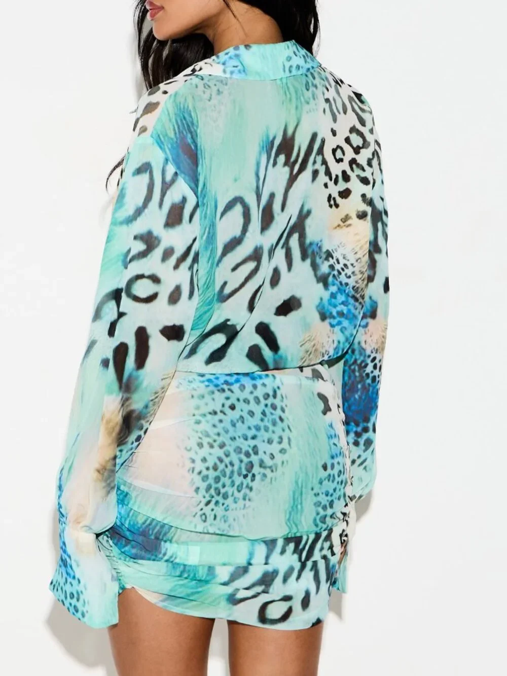 Multicolor Party Women's Animal Print Wrap Mini Dress Sleeve V-Neck Button Front